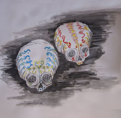 Nombre de la obra: Calaveritas de azúcar
Autor: Ximena Alonso Orozco 
Técnica: tinta y acrílico
Medidas: 50cm x50cm
Año de realización: 2011
