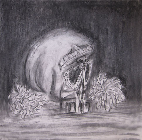 Nombre de la obra: En espera del día de muertos
Autor: Ximena Alonso Orozco 
Técnica: carboncillo
Medidas: 50cm x 50cm
Año de realización: 2011
