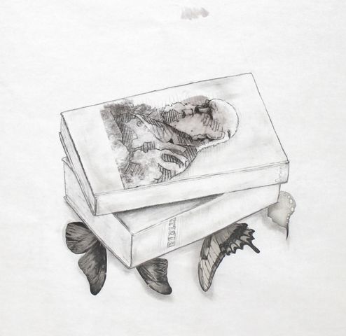 Autor: Wilbert Edel García Maya, 
Título: Argumentos, 2011, 
Técnica: Carboncillo, transfer y recortes sobre papel, 50 x 50 cm
